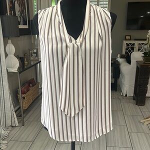 White House Black Market Sleeveless Tie Front Blouse White and Black